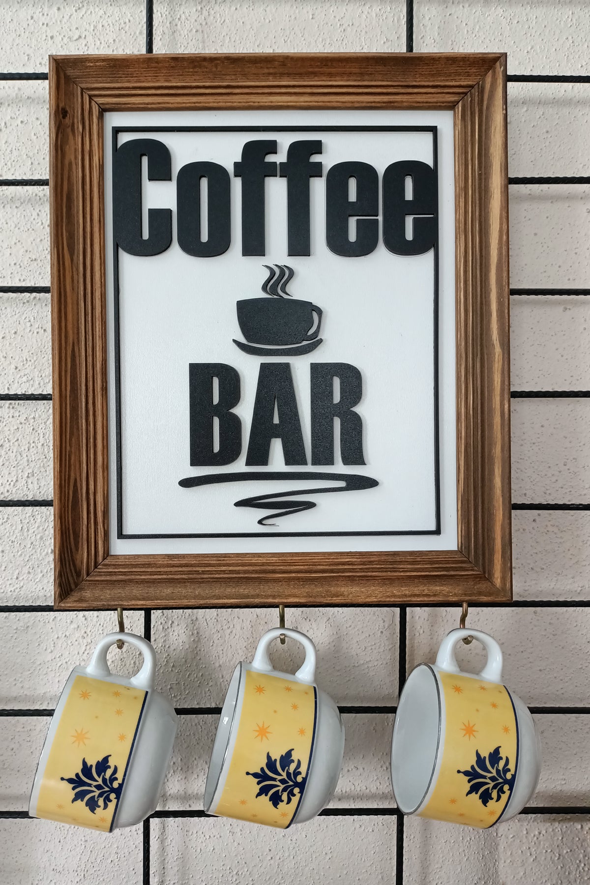 Rustik Ahşap Coffee Bar Tablosu ve Kupa Askılığı