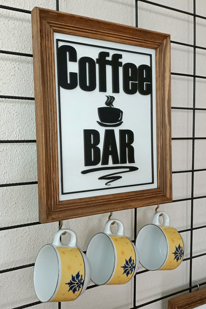 Rustik Ahşap Coffee Bar Tablosu ve Kupa Askılığı