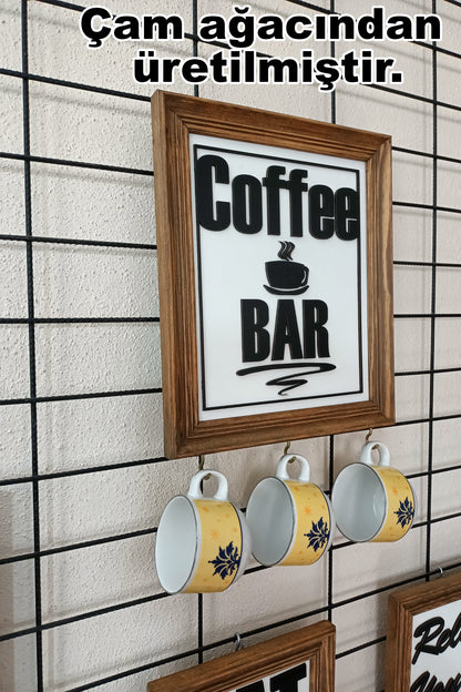 Rustik Ahşap Coffee Bar Tablosu ve Kupa Askılığı